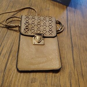Tan Laser-Cut Crossbody Phone Bag with Gold Hardware